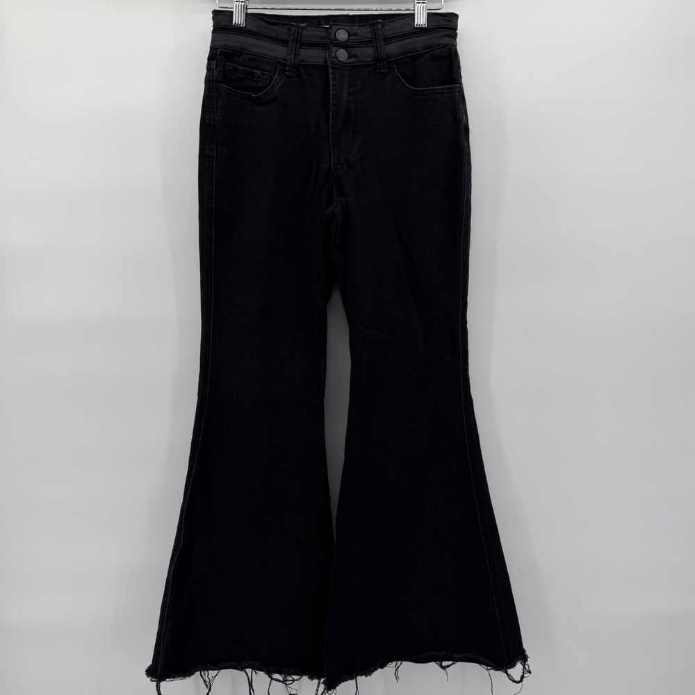 Flying Monkey Super Flare Jeans Women 27 Black High Rise Raw Hem BY4503S